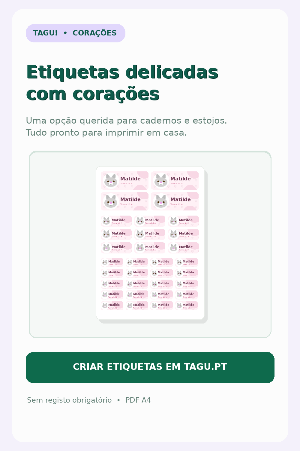 Etiquetas escolares rosa com padrão de corações e três tamanhos diferentes