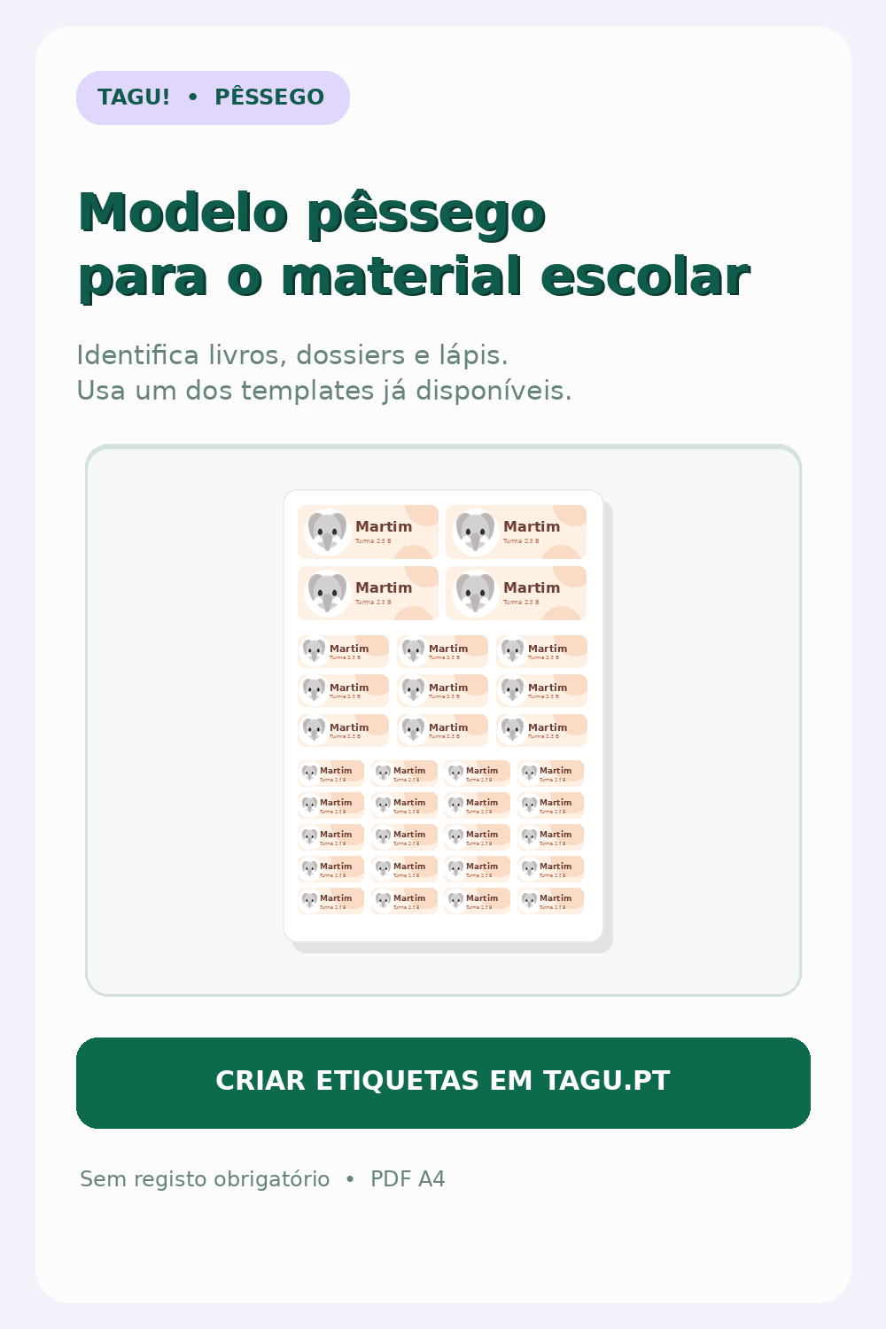 Etiquetas escolares na cor pêssego com ilustração de elefante